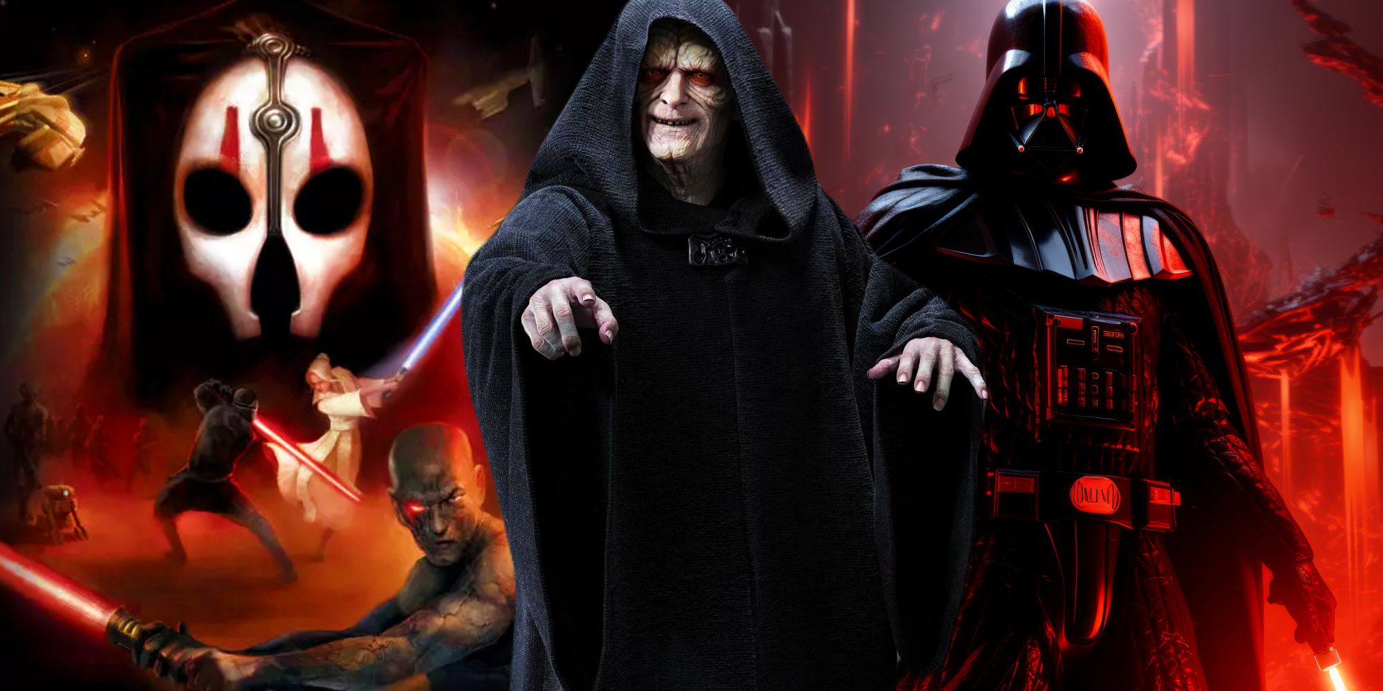 The poster for Knights of the Old Republic II next to Palpatine and Darth Vader in Star Wars