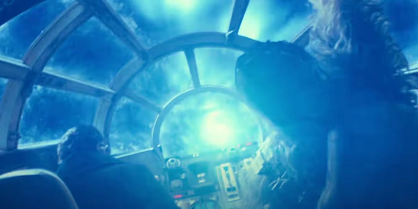 Lando e Chewie sentados no Falcon atravessando o hiperespaço