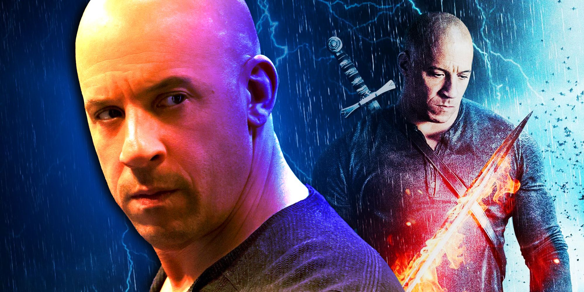 A blended image features Vin Diesel in modern attire and in a coat with a scabbard in The last Witch Hunter