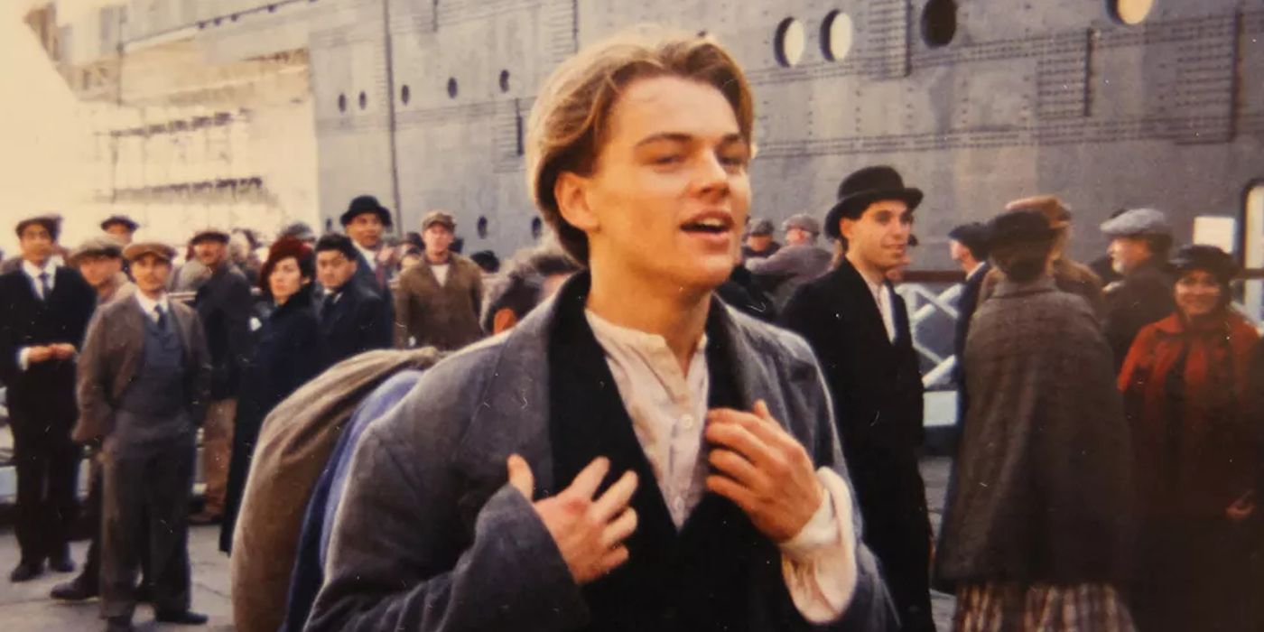Leonardo DiCaprio smiling on the set of Titanic