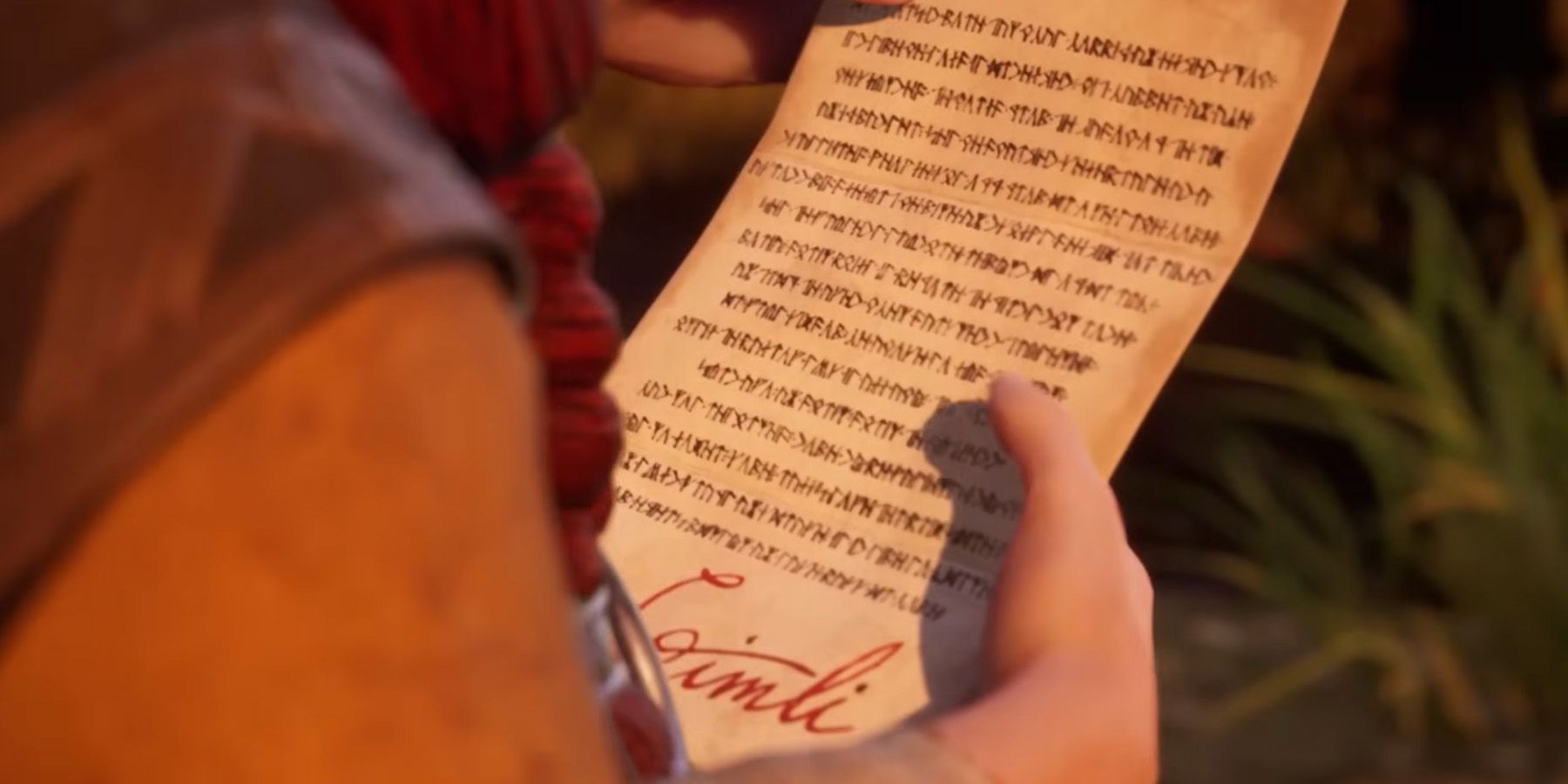 A dwarf reading a letter signed by Gimli in the opening cinematic of The Lord of the Rings: Return to Moria.