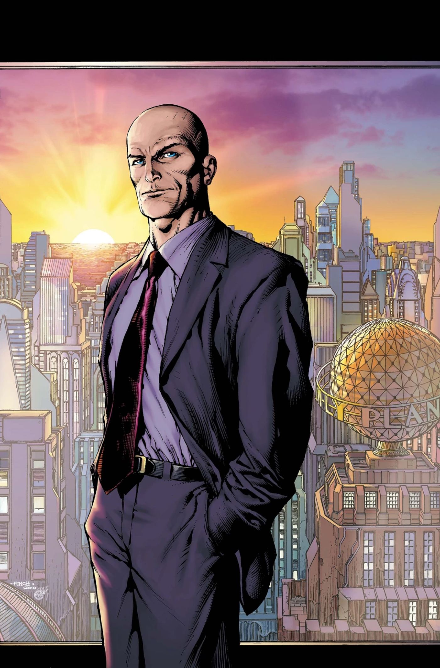 Lex Luthor standing in front of a window, Metropolis skyline as his backdrop