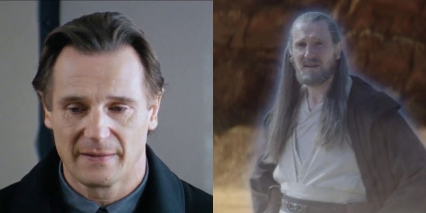 Liam Neeson as Daniel and Qui-Gon Jinn in Obi-Wan Kenobi.