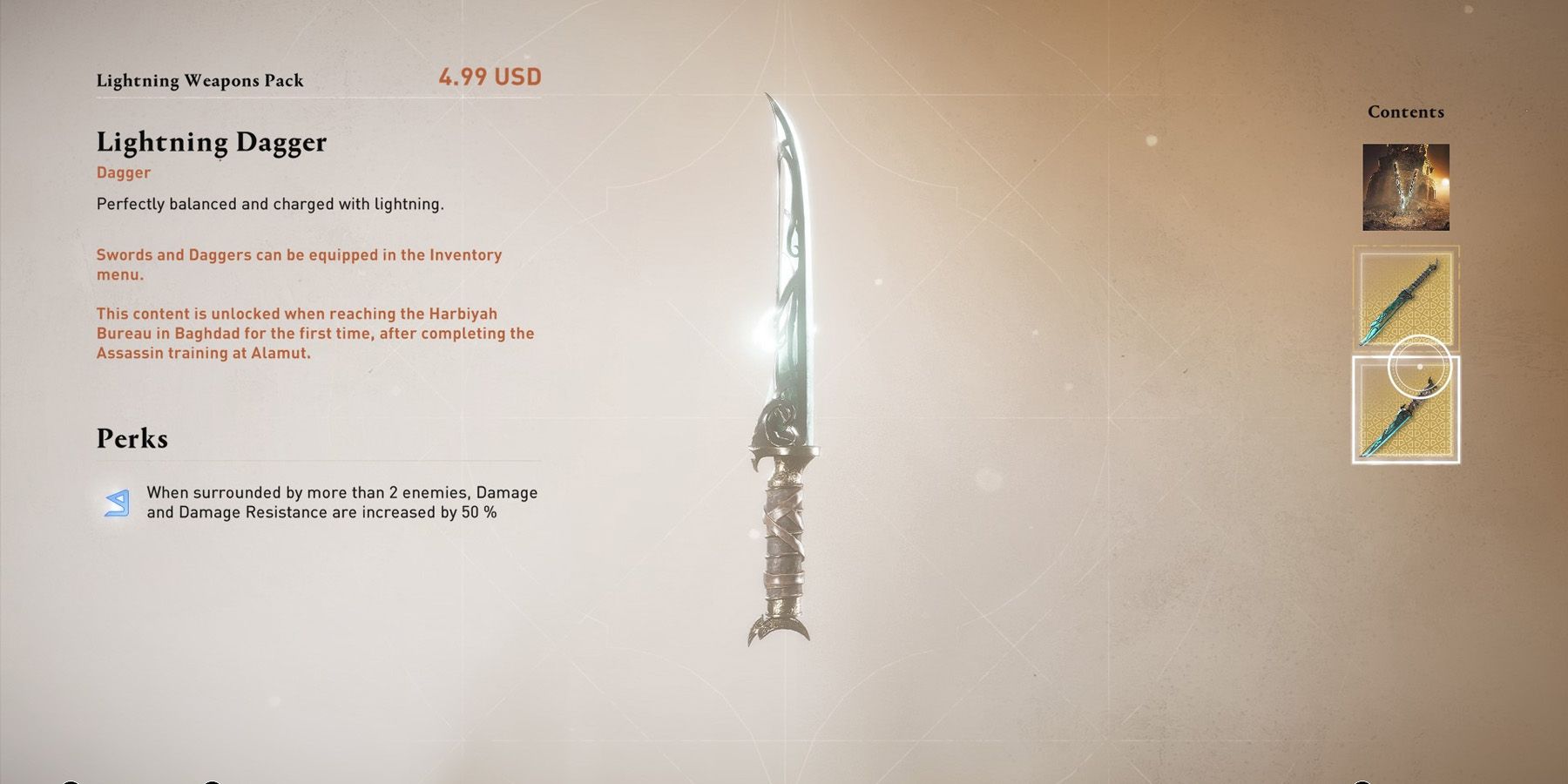 Sparking turquoise Lightning Dagger in Assassin&rsquo;s Creed Mirage.