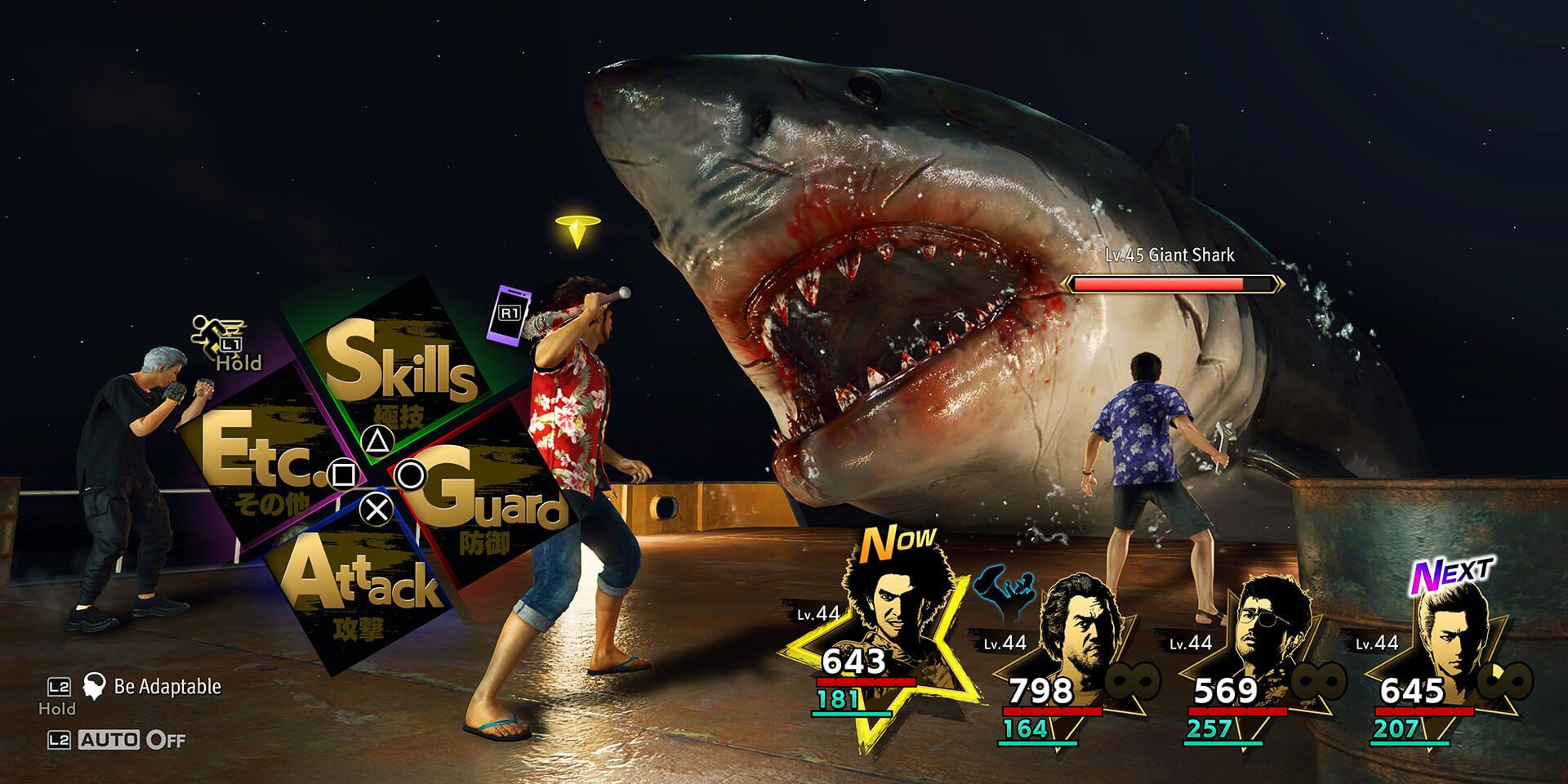 Ichiban, Adachi, and company battle a giant shark in a screenshot from Like a Dragon: Infinite Wealth.