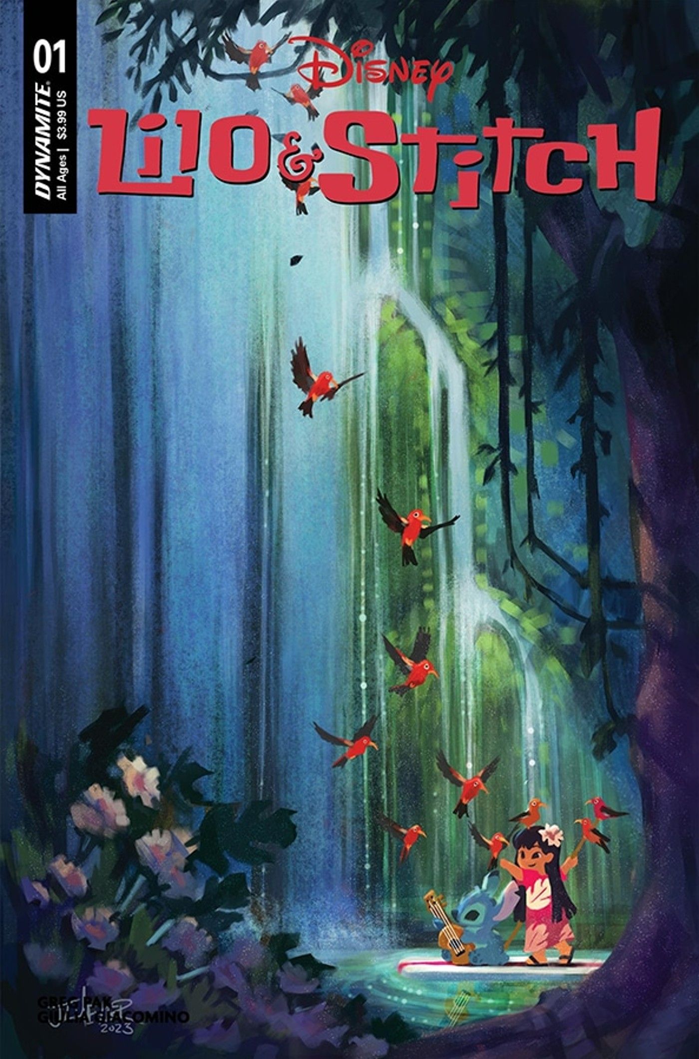 over of Lilo & Stitch #1 by Jennifer L. Meyer featuring the pair under a waterfall