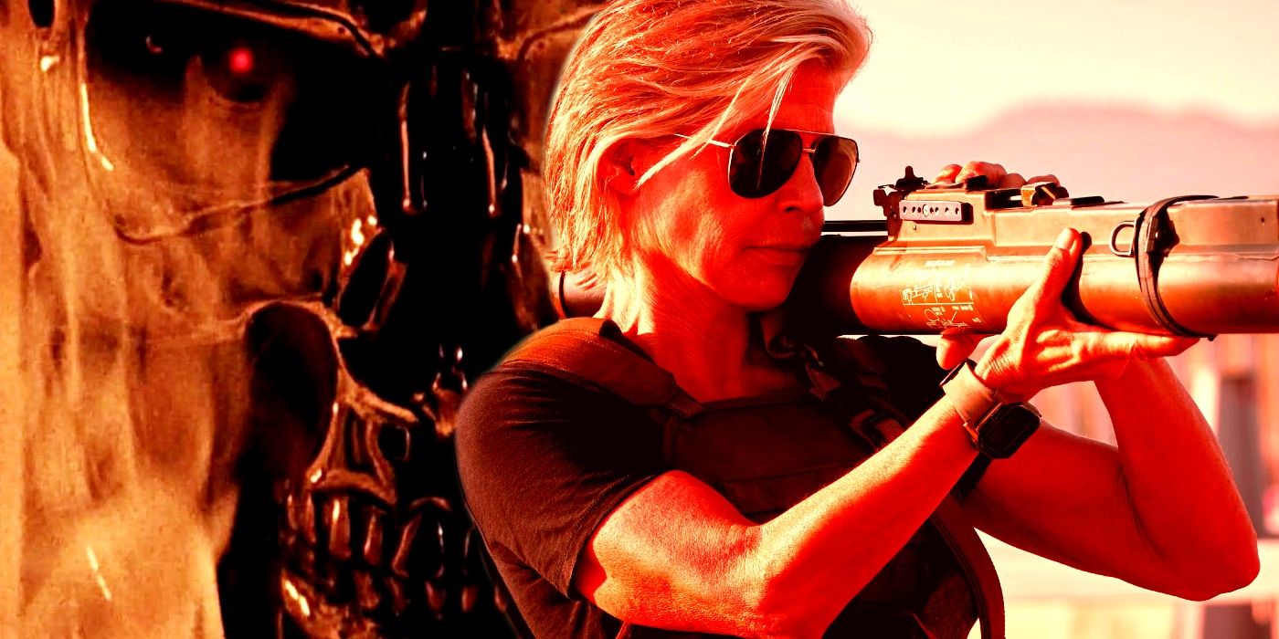 Linda Hamilton as Sarah Conner in Terminator Dark Fate and T800 Terminator in Judgment Day