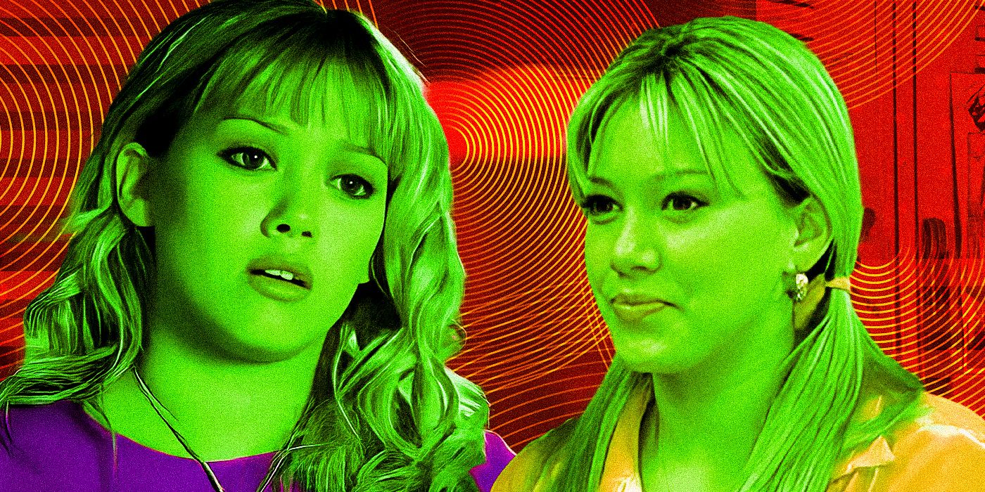 A collage featuring Hilary Duff as Lizzie McGuire with her hair down and with her hair in pigtails