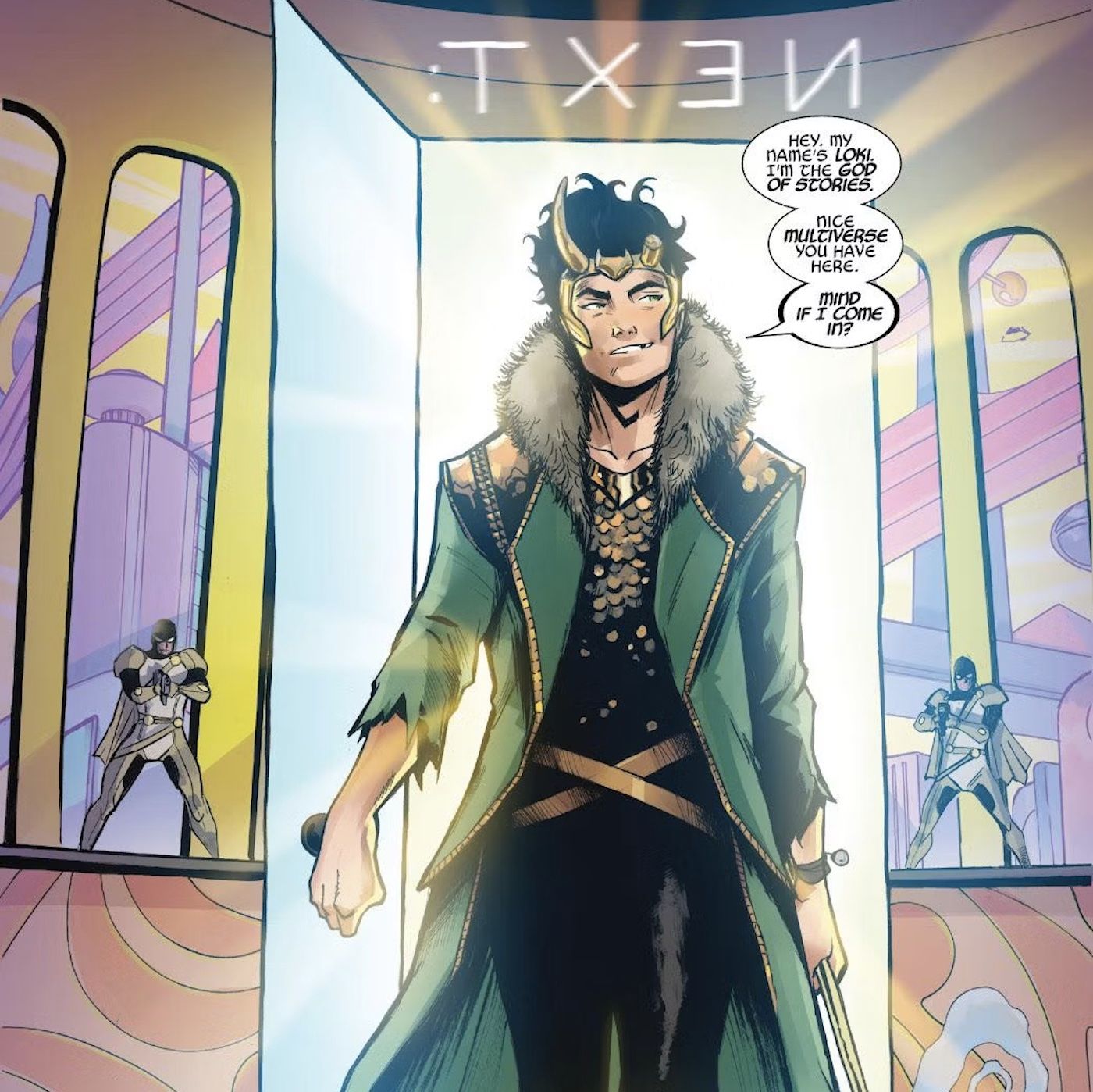 Comic book panel: Loki God of Stories walks through a door.