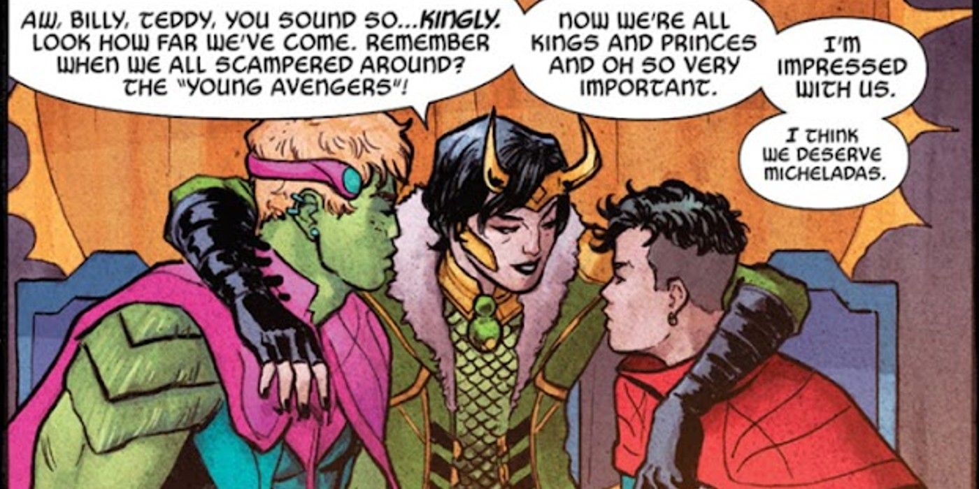 panels from Loki #3, Loki Hulkling and Wiccan