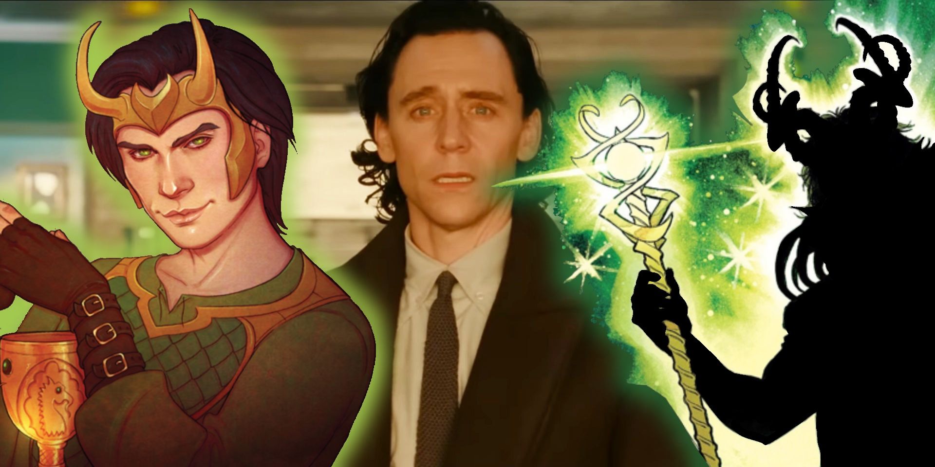 Feature image: Three forms of Loki; Kid Loki left, Hiddleston Loki center, silhouette of Teller of Tales Loki right