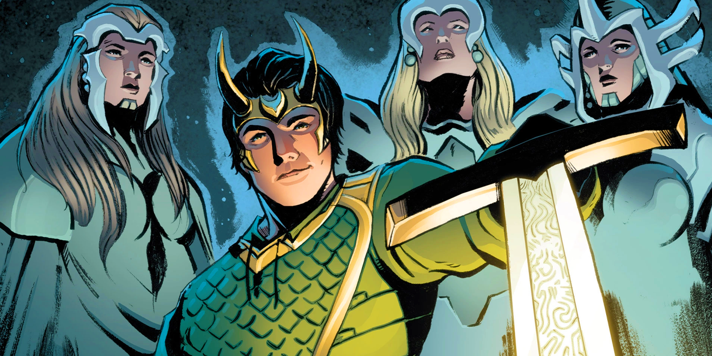 Loki with three women in Marvel Comics