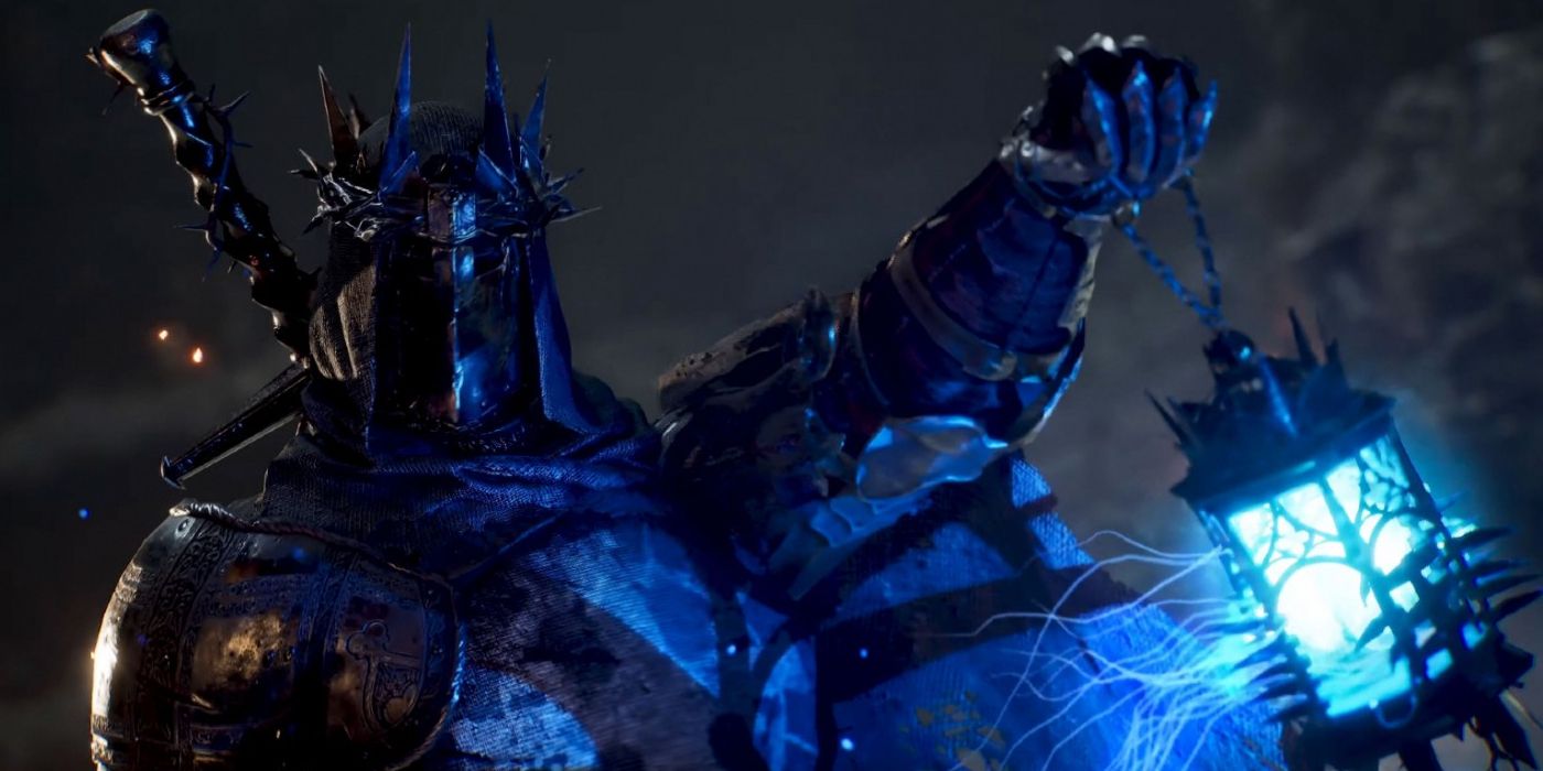A heavily armored sentinel holds the glowing Umbral Lamp in a screenshot from Lords of the Fallen.