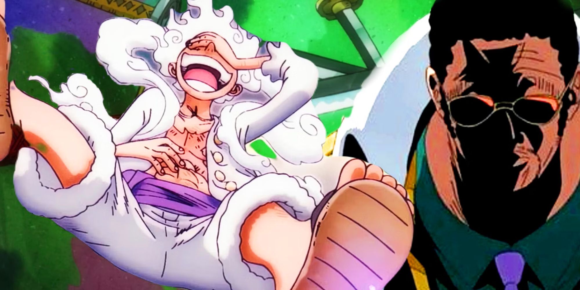 Image shows Gear 5 Luffy holding his face with one hand and his belly with his other while a mostly shaded image of Admiral Kizaru rests behind Luffy.