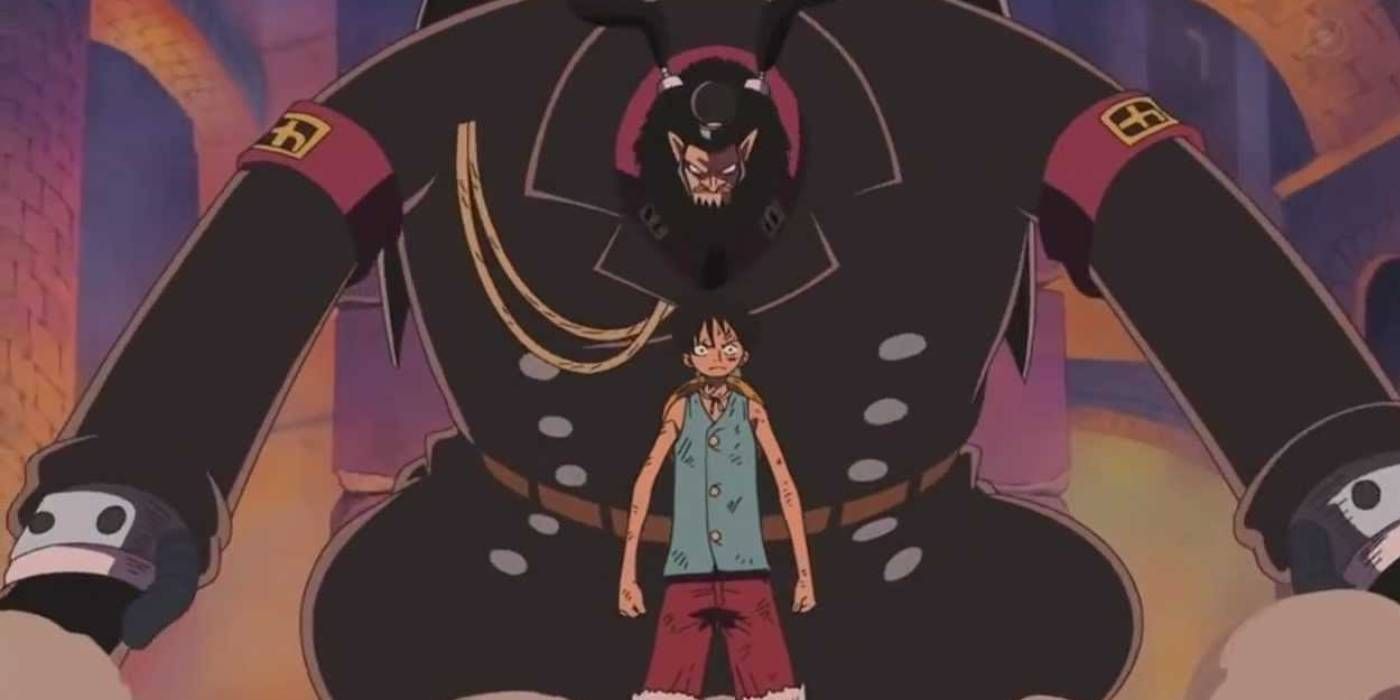 luffy standing unaware with magellan behind him looking angry in one piece