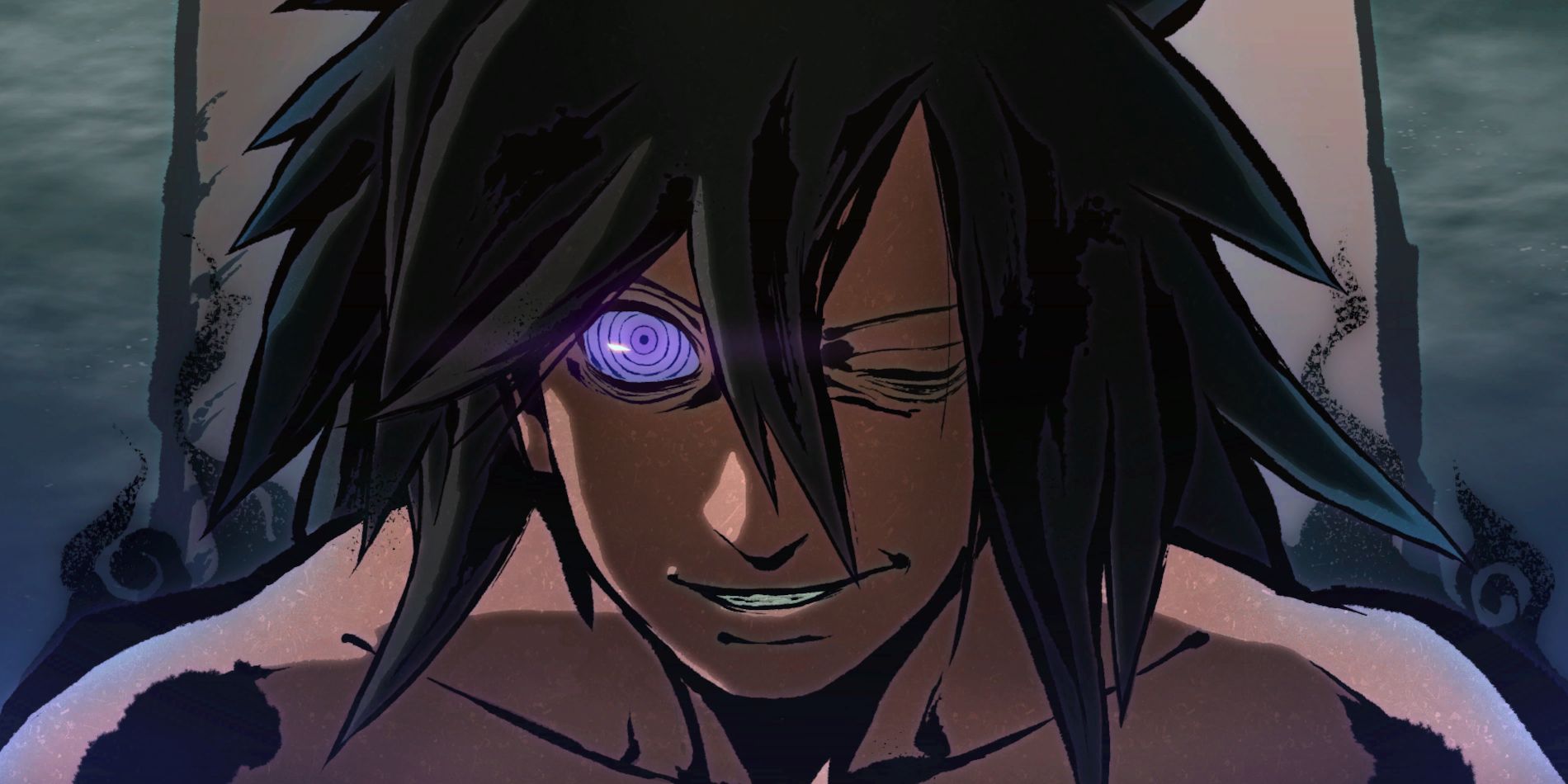 Screenshot from Naruto Ninja Storm 4 showing a resurrected Madara smiling center frame with one glowing purple Rinnegan.