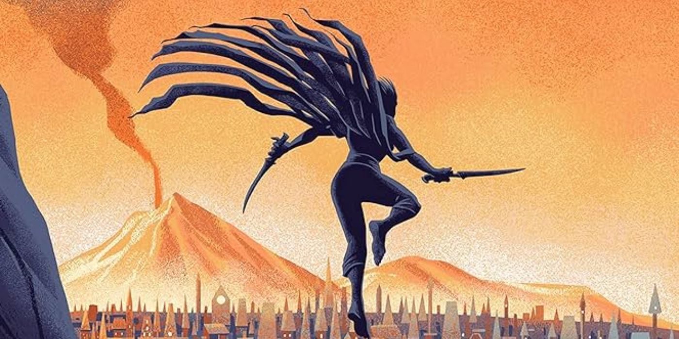 Cover art of Mistborn by Brandon Sanderson showing Vin flying through the air with daggers in her hands