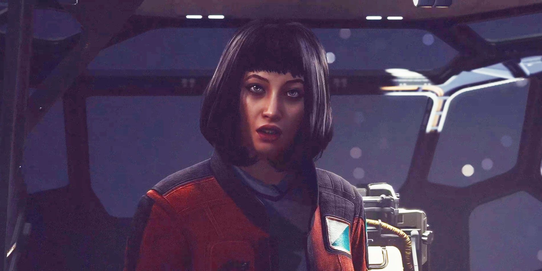 Malai from Starfield looking at the player with her mouth slightly open.
