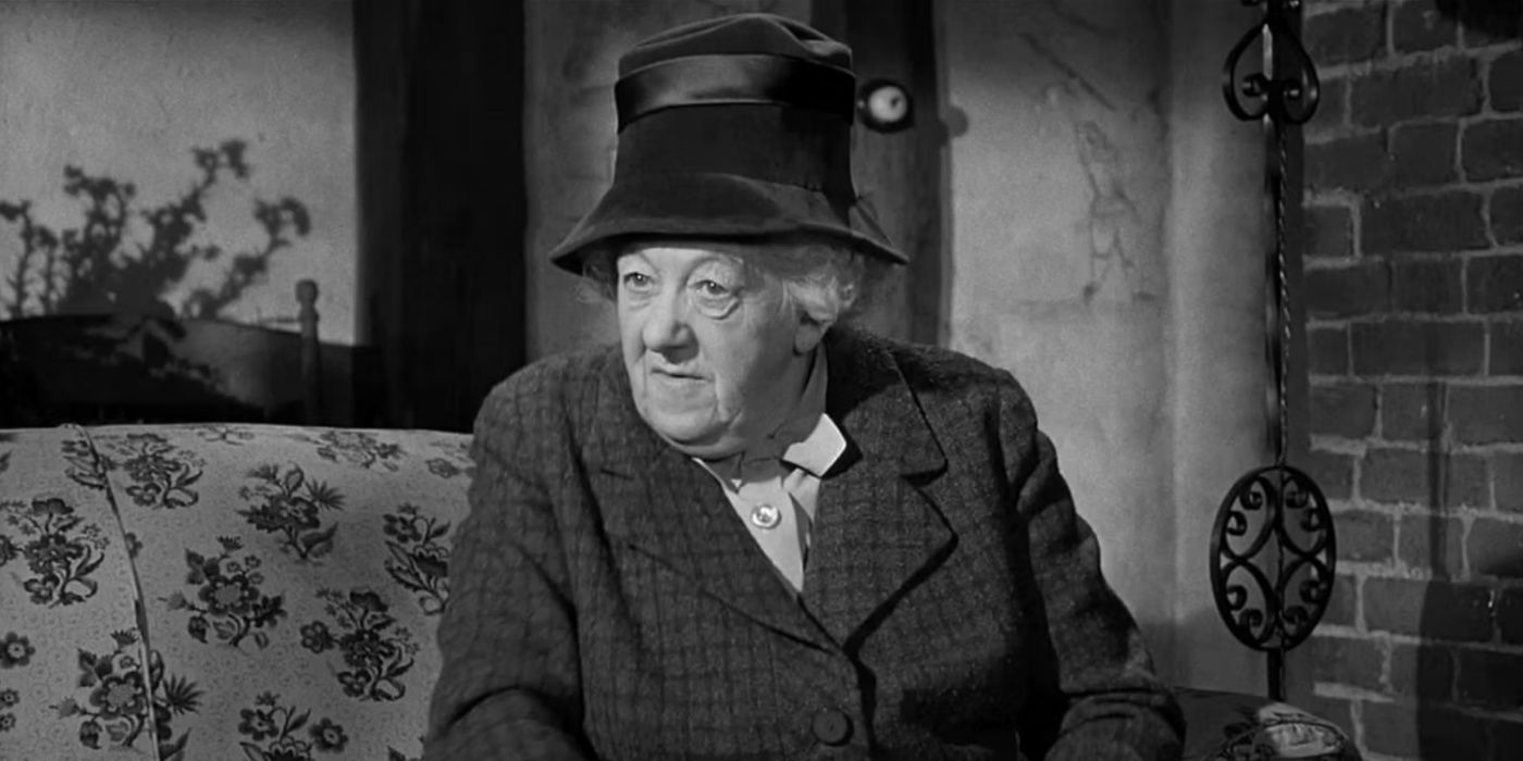 Margaret Rutherford as Miss Marple in Murder at the Gallop.