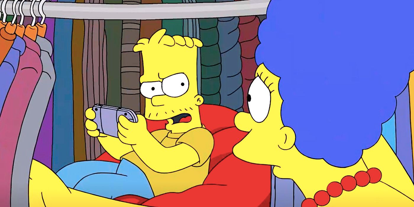 Marge finds an annoyed older Bart behind a rack of clothes in The Simpsons season 35