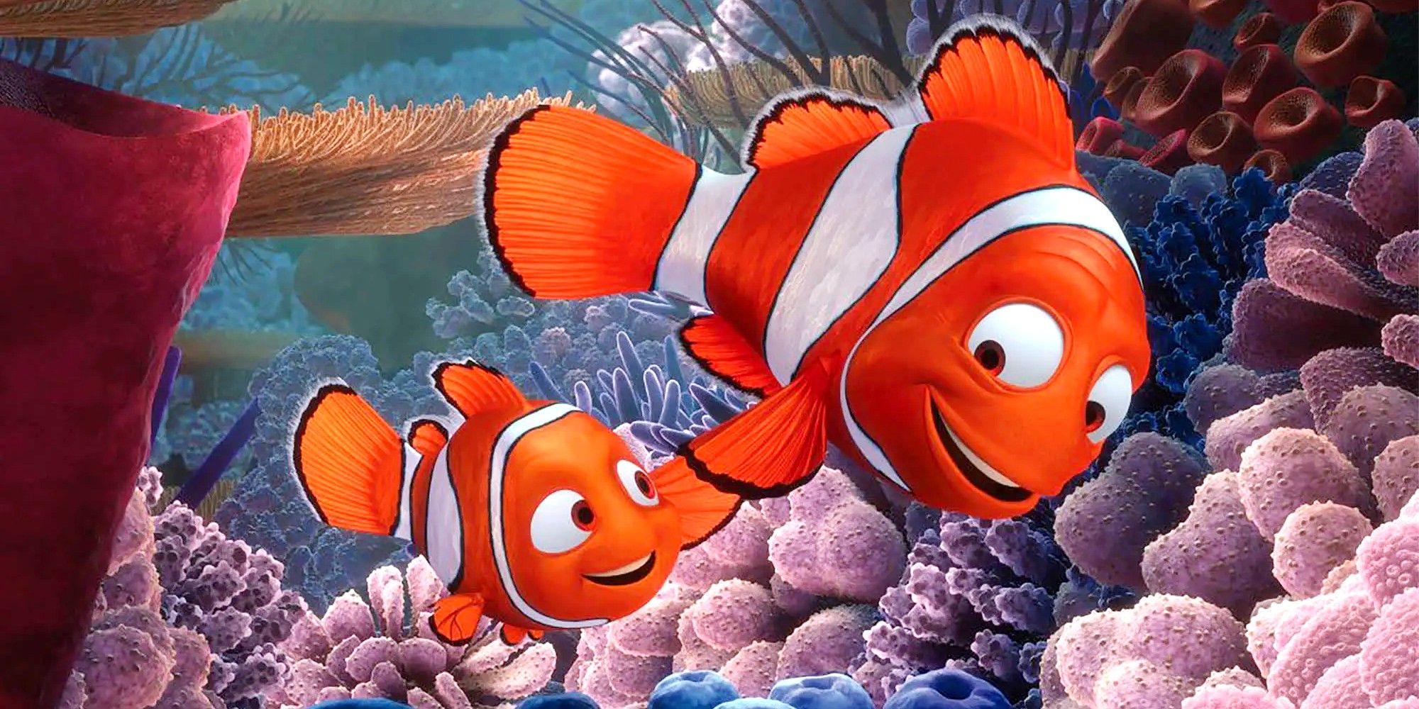 Marlin and Nemo smiling and slapping fins in Finding Nemo