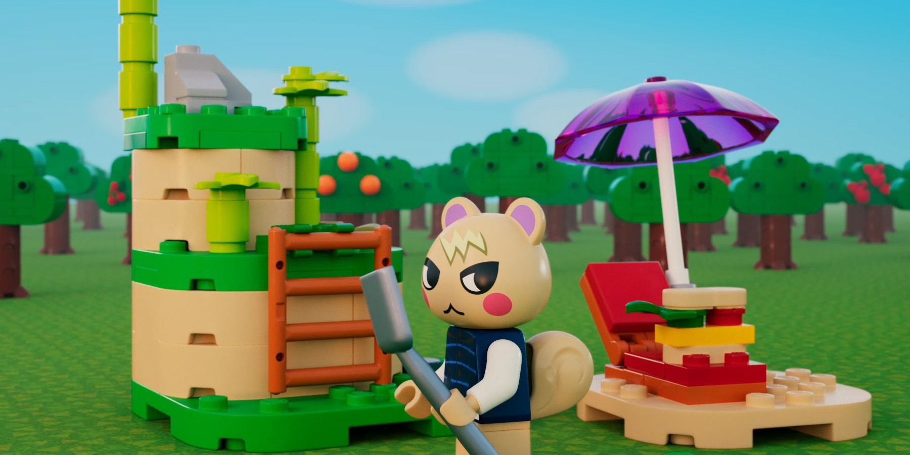 LEGO Animal Crossing squirrel Marshal holding a shovel.