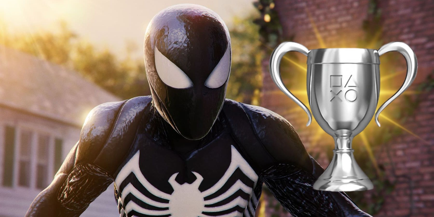 Spider-Man wears his black Symbiote suit while a render of a silver PlayStation trophy sits on the right. A golden glow shines behind the trophy.