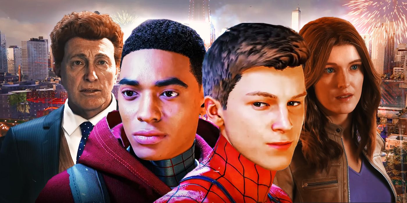 Norman Osborn, Miles Morales, Peter Parker y Mary Jane Watson de la serie Marvel's Spider-Man