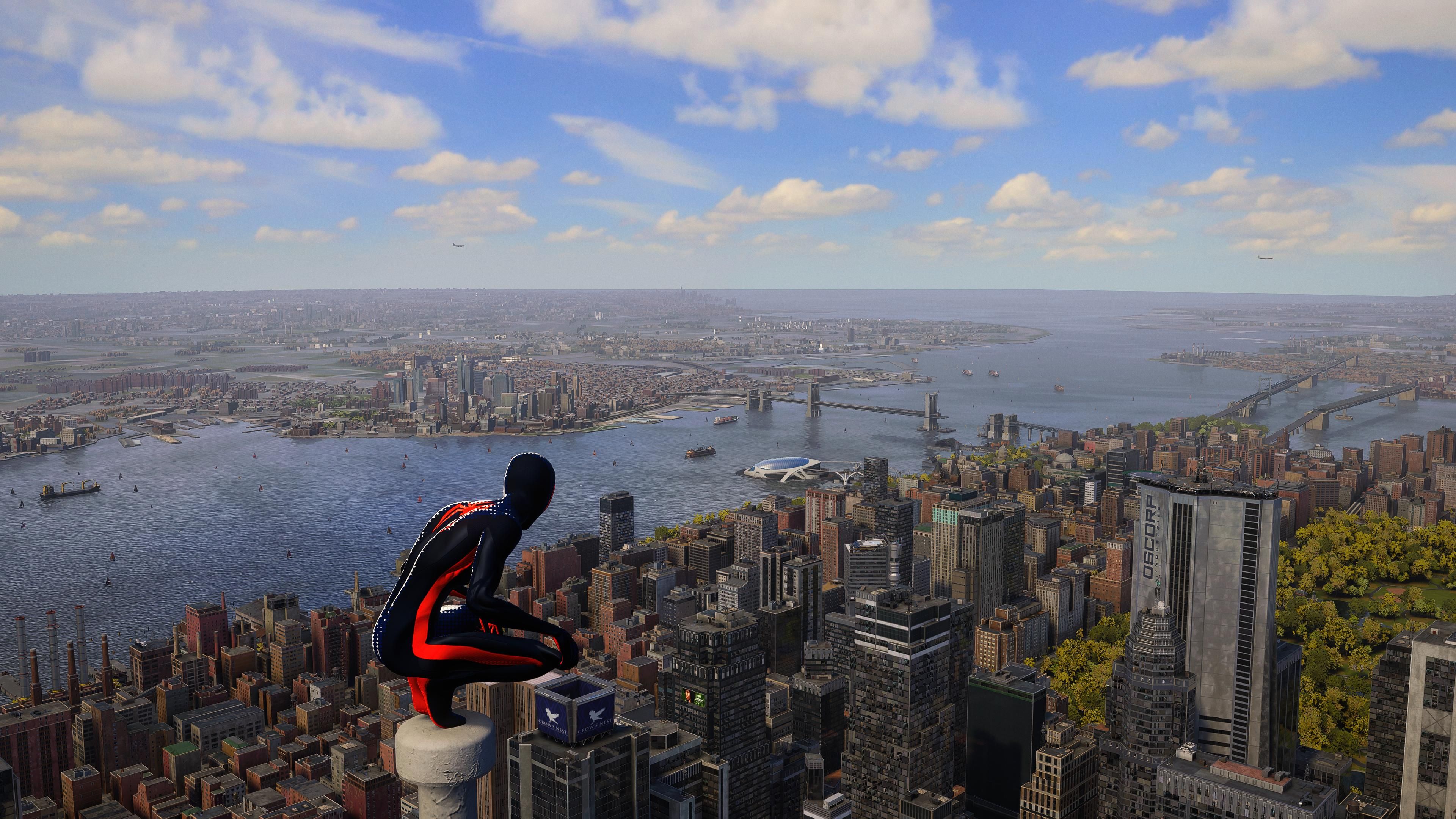 Marvel's Spider-Man 2 Miles In Across The Spider Verse Suit Looking Down At New York From Empire State Building