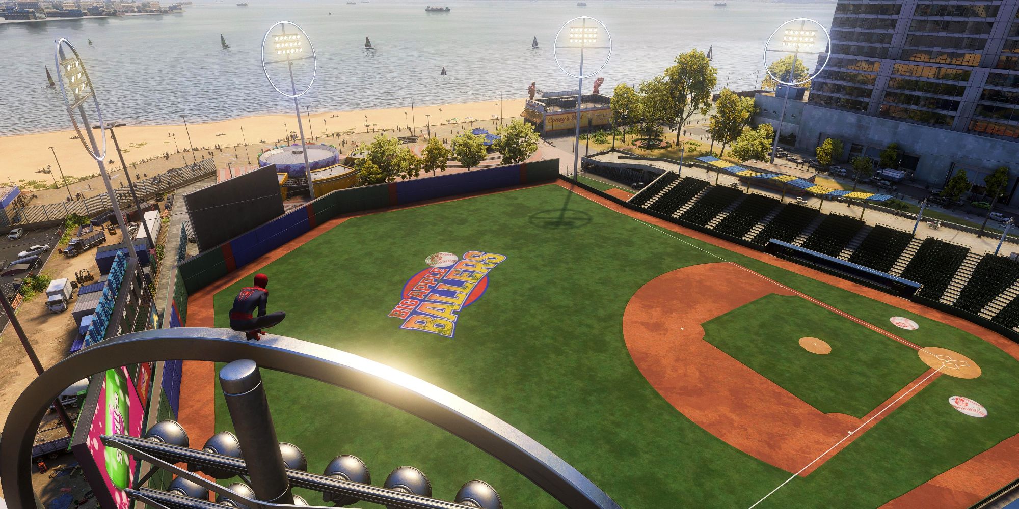 Marvel&rsquo;s Spider-Man 2 Spider-Man Standing On Spotlight On Edge Of Big Apple Ballers Stadium