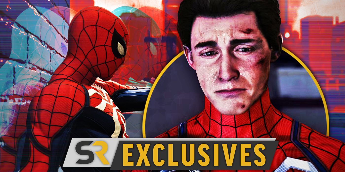 Marvel's Spider-Man Peter Parker looking sad and in his suit against a wall with the SR Exclusives logo below.
