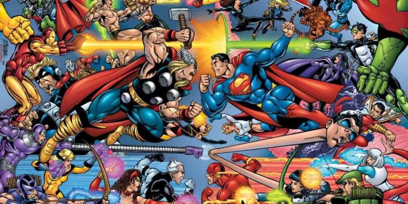 Arte cómico: La Liga de la Justicia y los Vengadores se atacan entre sí con Thor y Superman en el centro.