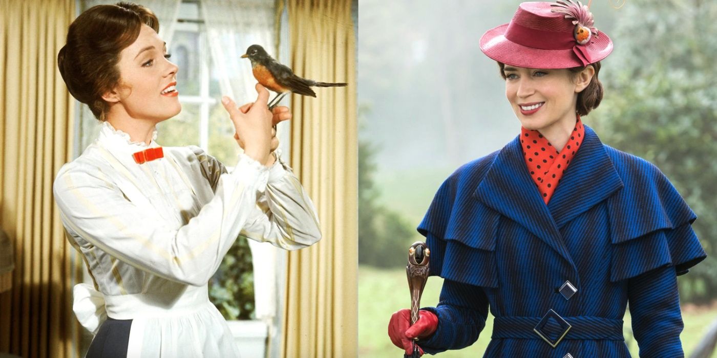 A side by side image features Julie Andrews and Emily Blunt as Mary Poppins