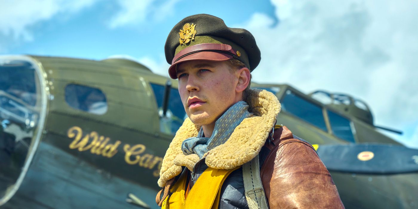 Austin Butler in Masters of the Air in front of a plane