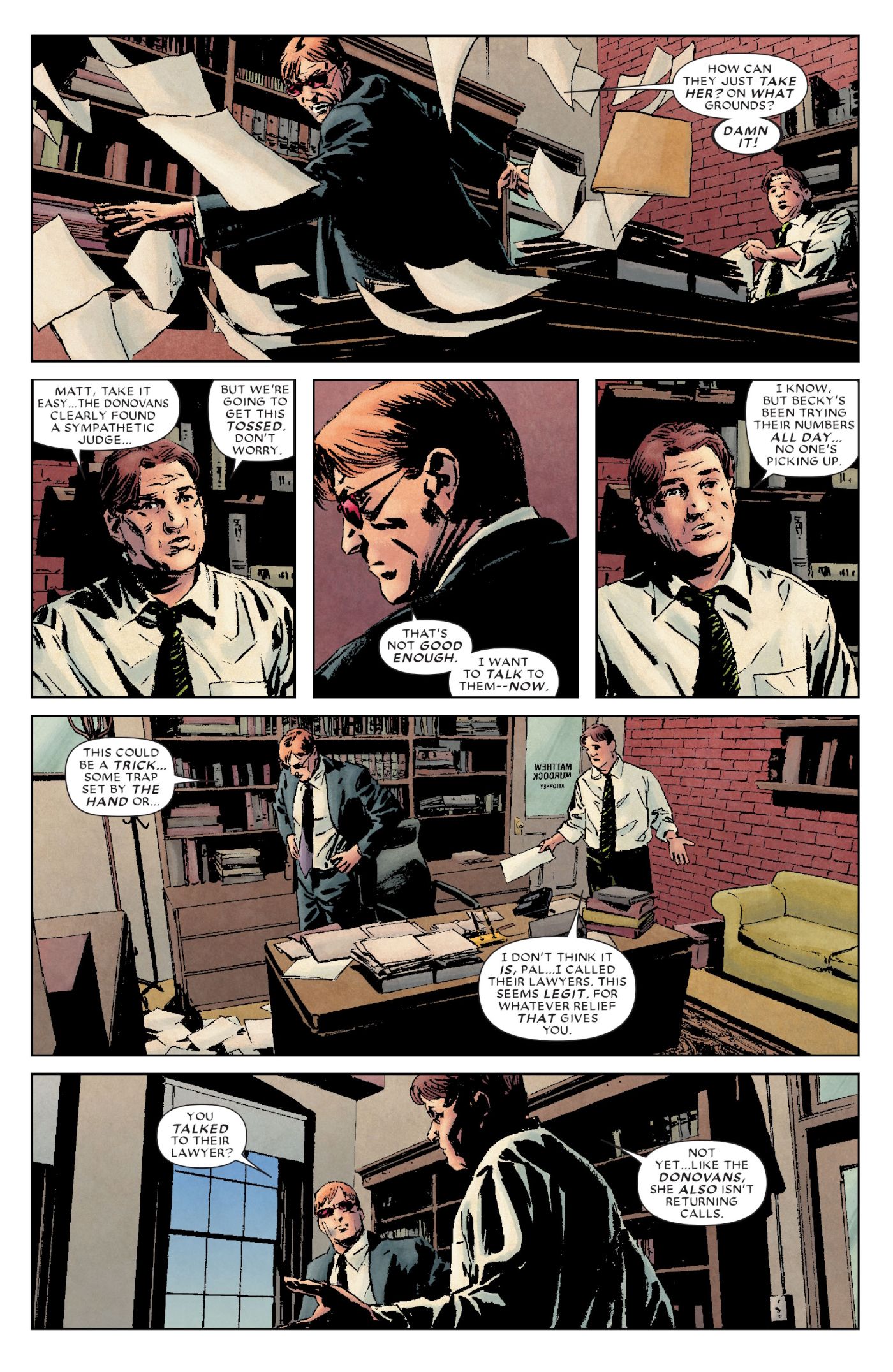 Page from Daredevil #114, Matt Murdoch and Foggy Nelson have a heated conversation about Matt’s wife’s parents
