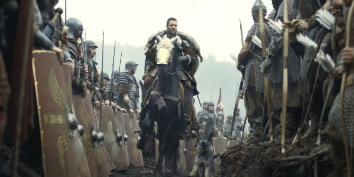 Maximus on horseback flanked by his army of Roman legions.