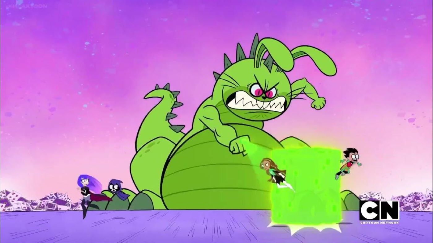 Monster-sized Beast Boy wields a Green Lantern ring on Teen Titan's Go