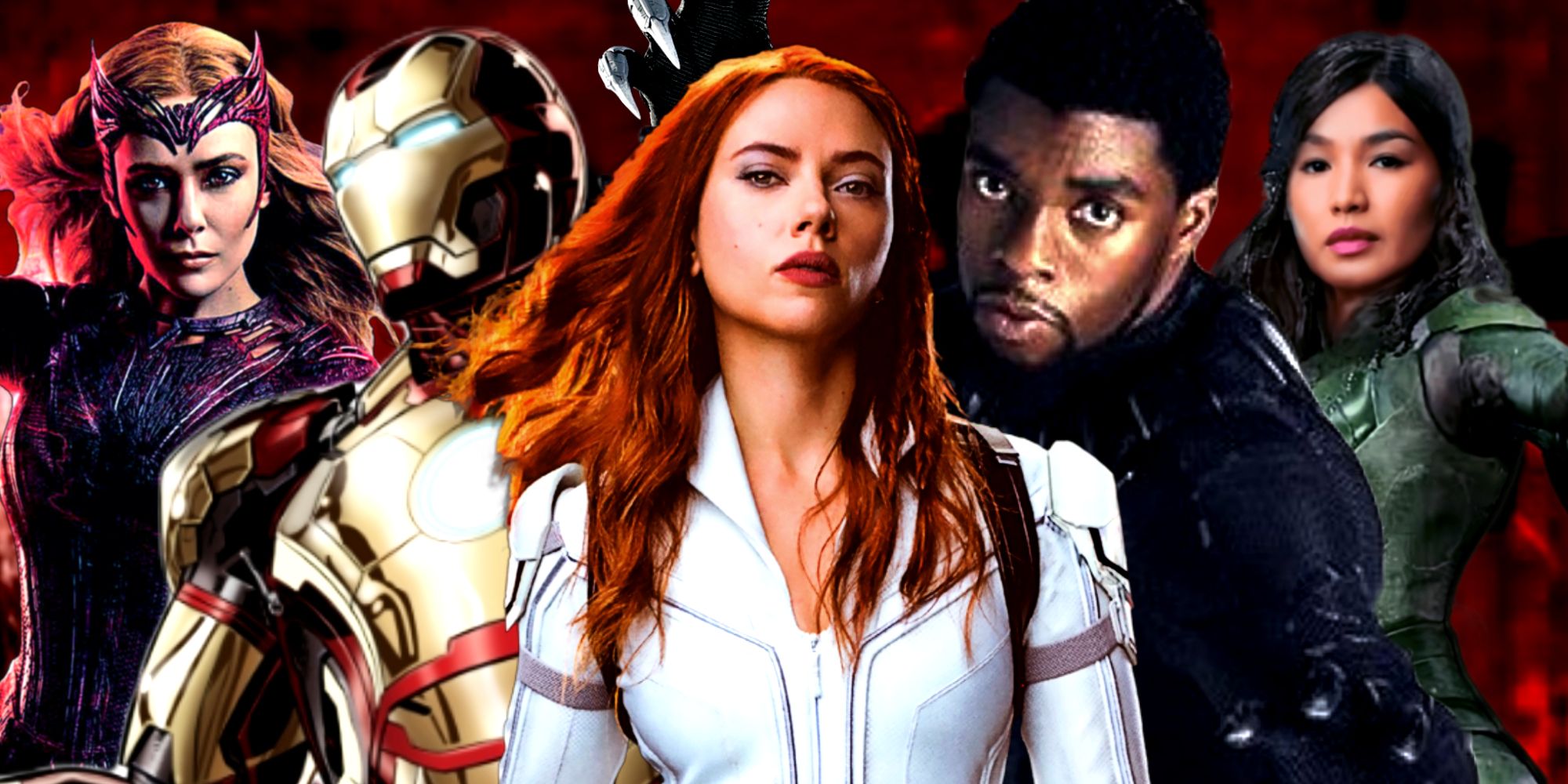 MCU Avengers Black Widow, Black Panther, Iron Man, Scarlet Witch, and Eternal Sersi