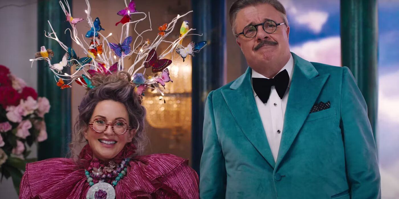 Megan Mullally and Nathan Lane side by side in Dicks: The Musical