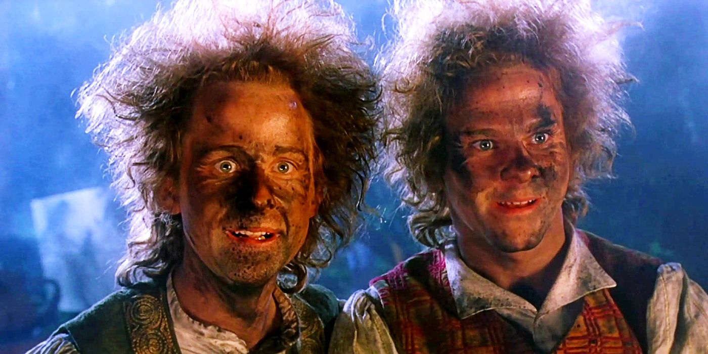 Billy Boyd as Pippin and Dominic Monaghan as Merry covered in soot in The Lord of the Rings: The Fellowship of the Ring.