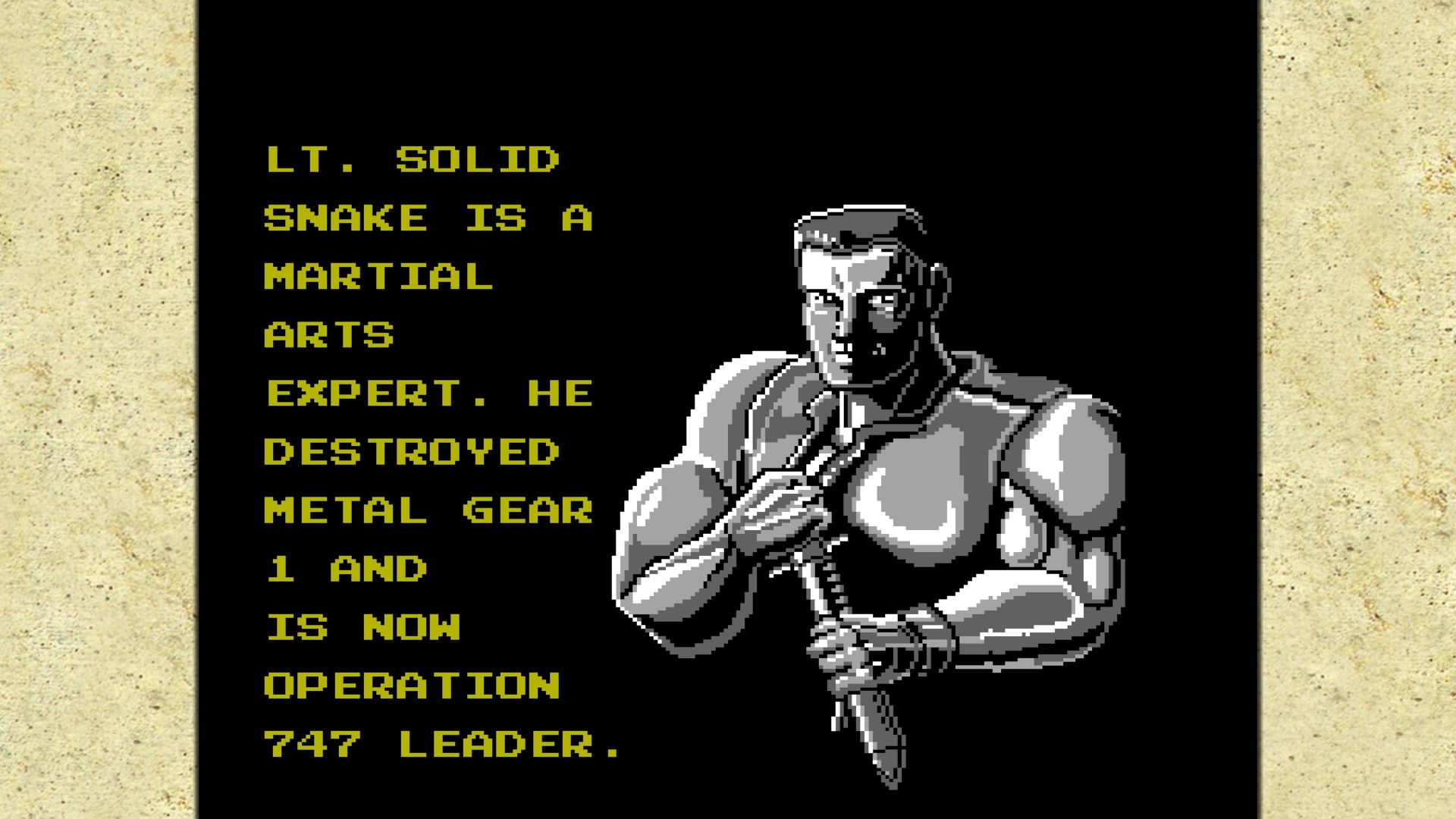 Screenshot from MGS: MCV1 version of Metal Gear for NES shows the beginning of the NES game describing the plot of the game with a gray version of Solid Snake who looks different then the MGS series.
