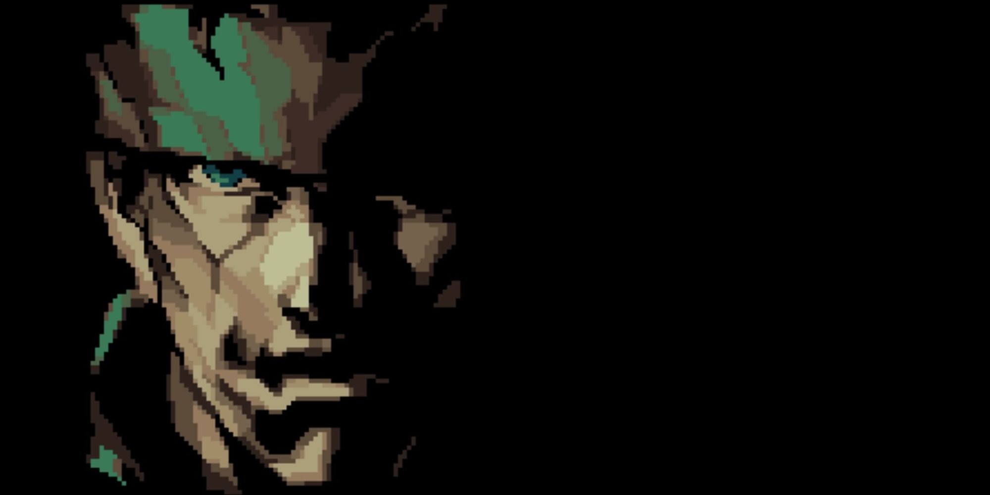 Image from the intro of Metal Gear 2 Solid Snake shows a half shadowed closeup of Solid Snake's face from the NES game.