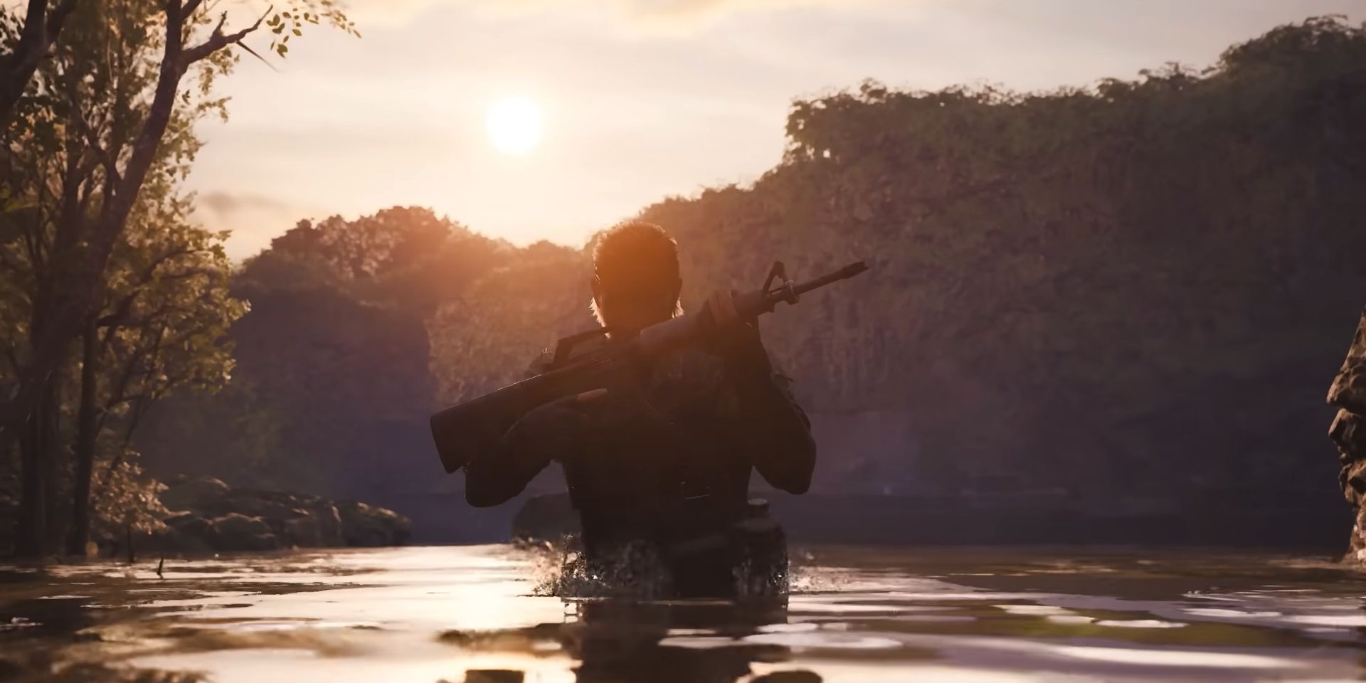 Snake wades through shallow water clutching a rifle at sunset in a screenshot from MGS Delta.