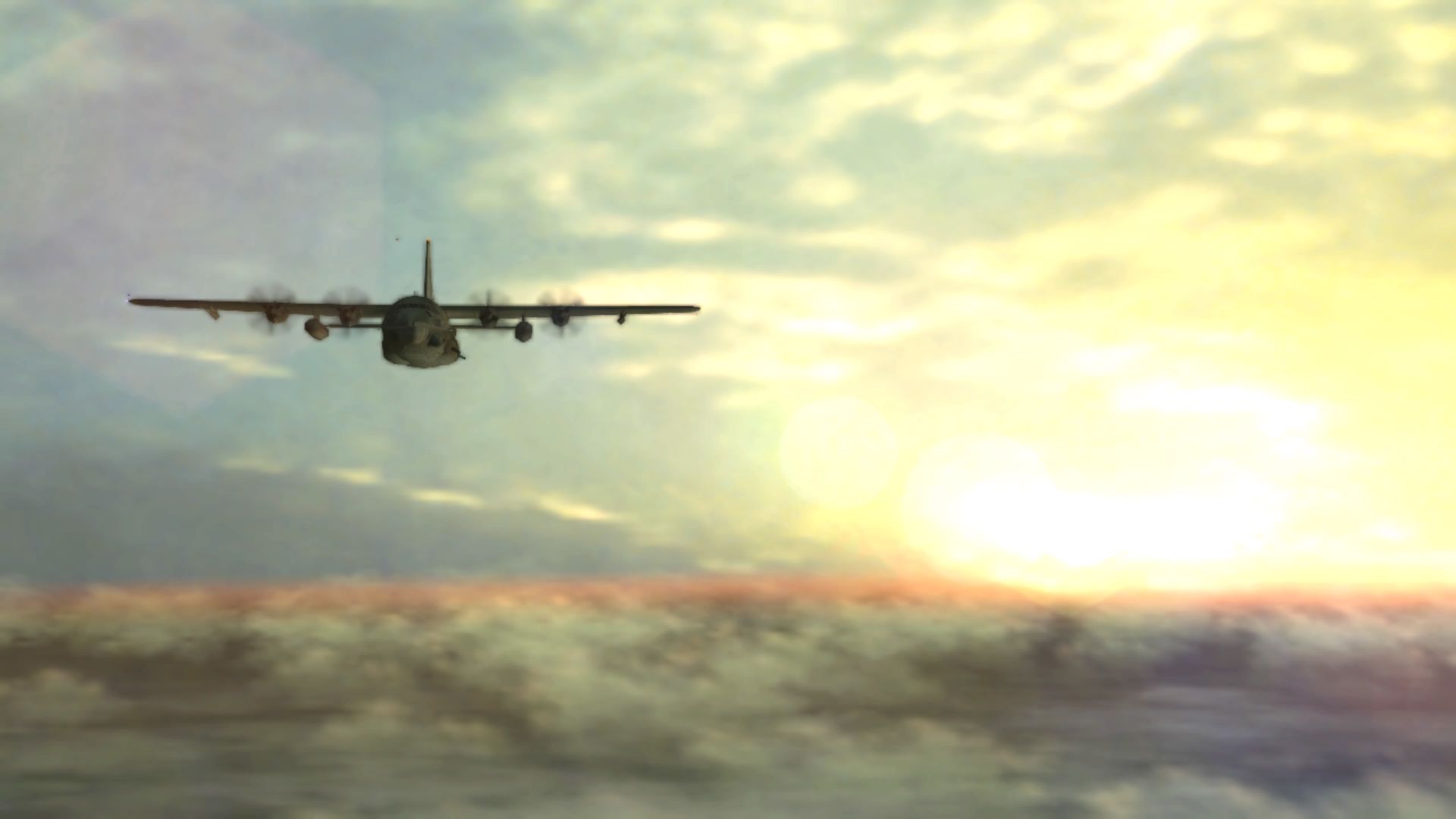 Screenshot from Metal Gear Solid 3 from the Master Collection Vol. 1 shows a large airplane flying over the cloudline with a sunrise behind it.