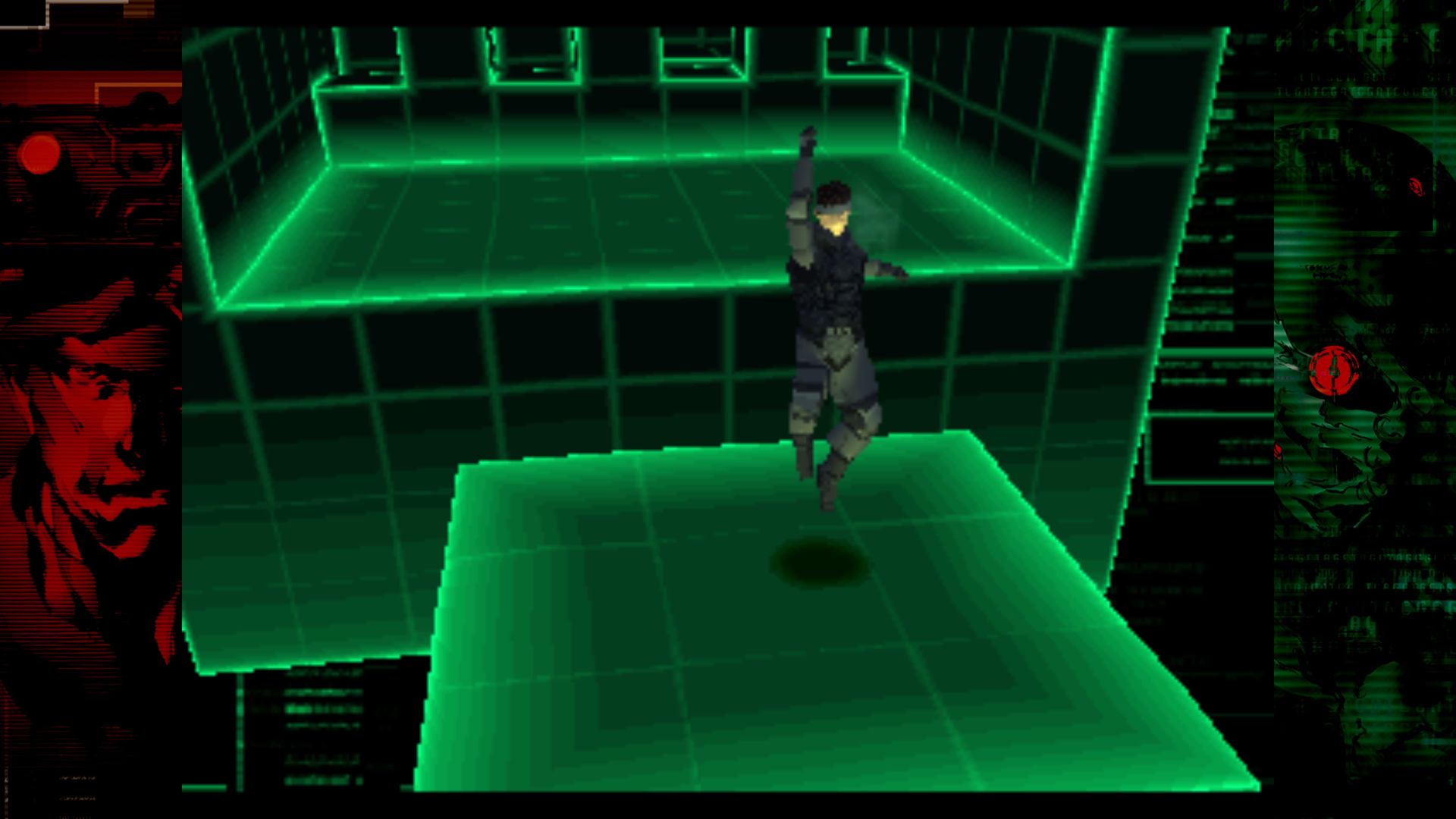 Screenshot shows Solid Snake jumping into the air with his fist raised in celebration after winning a top score in a VR mission. He is standing on a green platform in a virtual space.