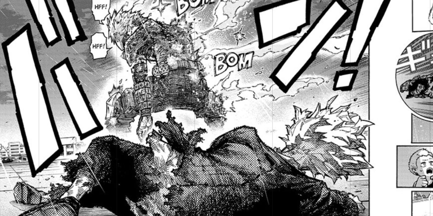 My Hero Academia: Bakugo stands over All Might after saving him.