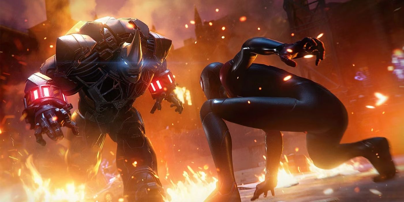 Miles Morales prepares to attack Rhino in Marvel&rsquo;s Spider-Man: Miles Morales