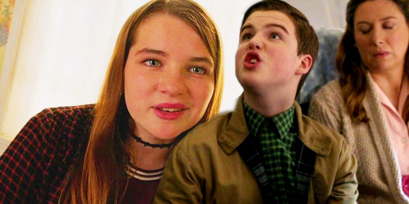 Missy smiling and Sheldon talking to a flight attendant in Young Sheldon Season 6 finale