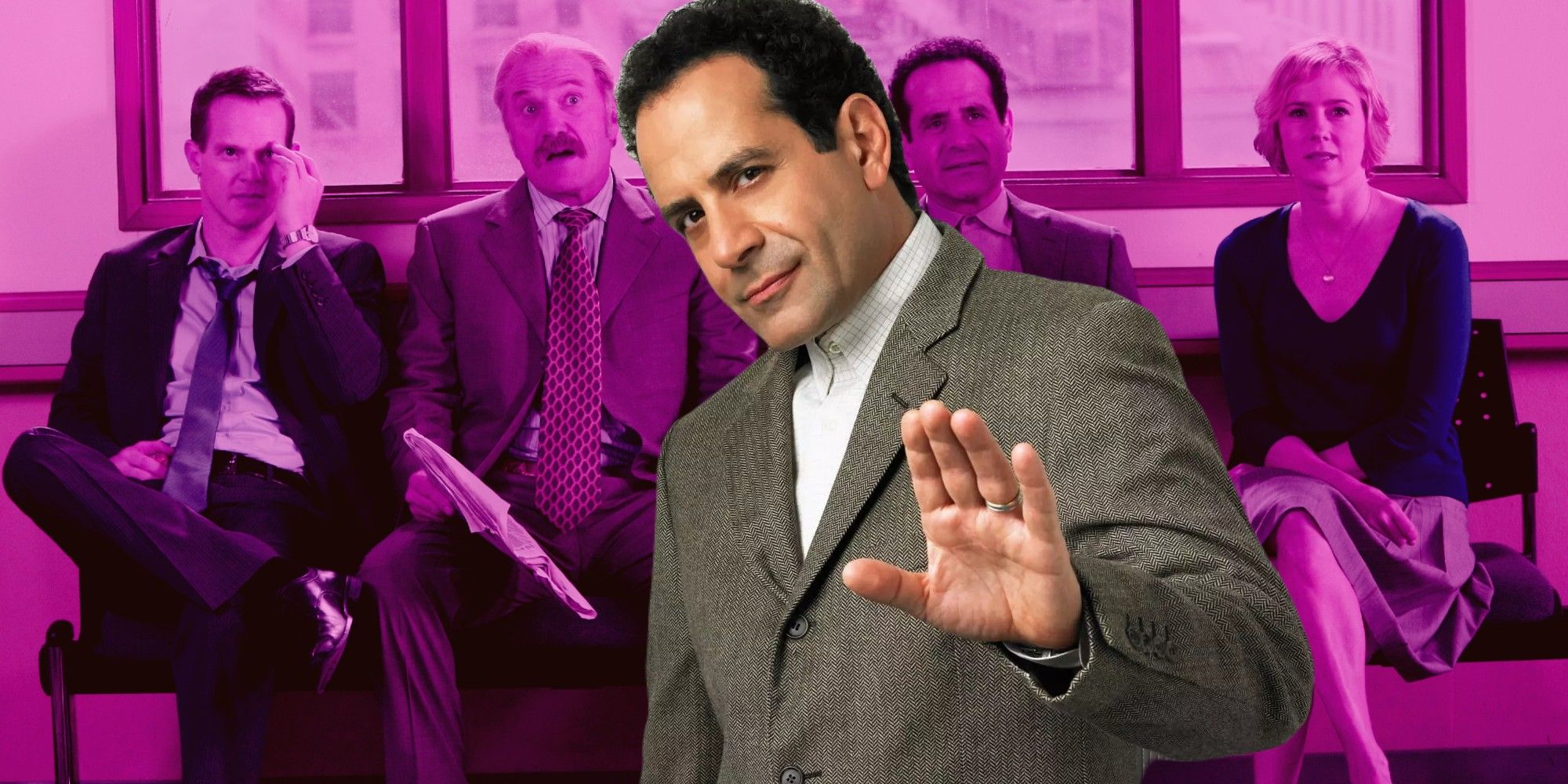 Tony Shalhoub as Adrian Monk over a pink tinted image of the Monk cast