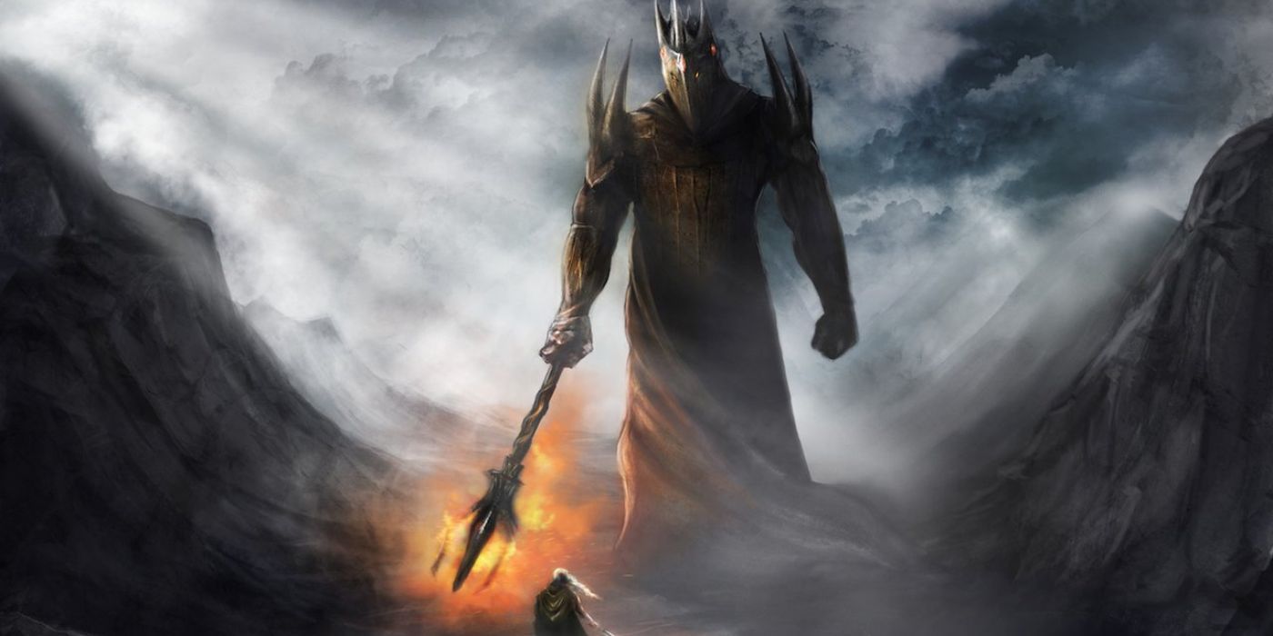 Morgoth looking at a human or elf which could be Fingolfin during a battle in The Lord of The Rings world by Tolkien.